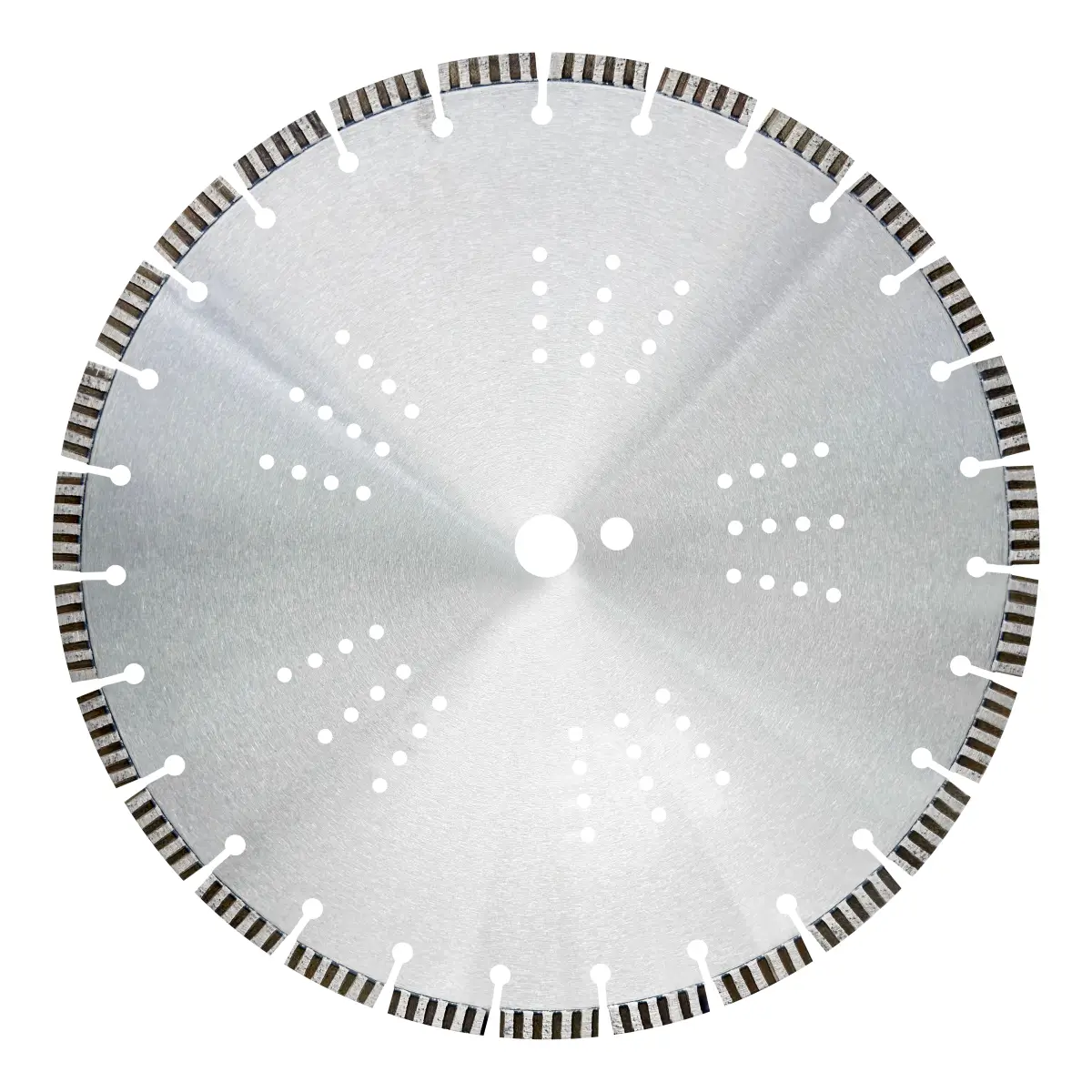 Front view of cured concrete cutting blade with cooling holes on steel core