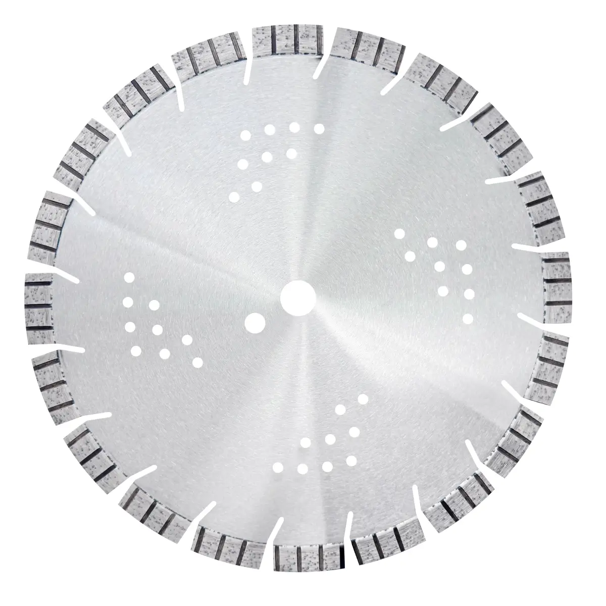 Reinforced concrete cutting blade featuring matrix heat dissipation holes and 16mm tall segments for high-PSI concrete foundation slotting